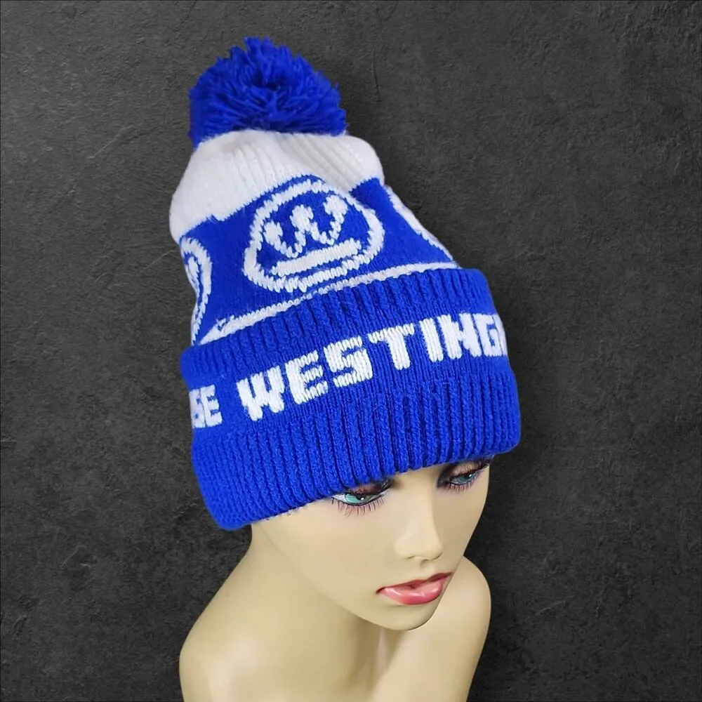 Vintage Westinghouse Pom Beanie Blue White Logo Knit Hat 70s 80s Rare Promo